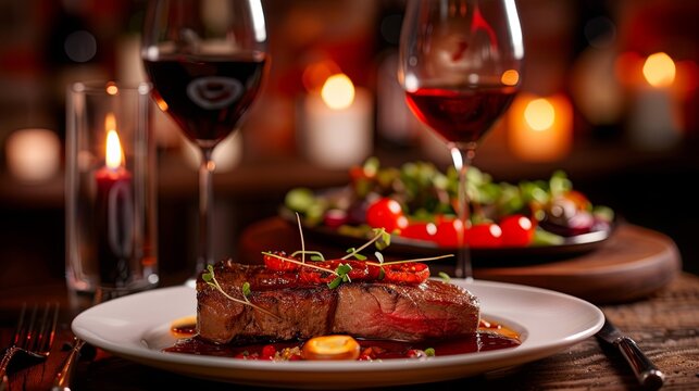 Romantic dinner with glass of wine and meat dish. Background concept