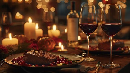 Fototapeta premium Romantic dinner with glass of wine and meat dish. Background concept