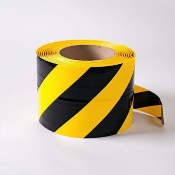 Black and yellow striped barricade tape roll, unrolled on white background