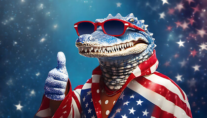 krokodil, flagge, usa, amerika, thumb, up, close up, blau, rot, neu, modern, hintergrund, cartoon, spaßig, surreal, komisch, sonnebrille, brille, cool, retro