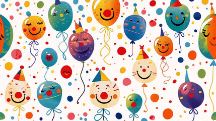 Cute seamless pattern with cartoon clown face balloons in party hats on polka dot background.