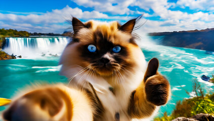 Himalayan cat taking selfie by Niagara falls, one paw holding camera, one paw doing thumb up,...