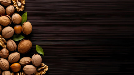 Background with walnut nuts, top view of nuts