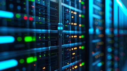 Naklejka premium blue server rack with lights - importance of organized data storage - data management - network - generative ai