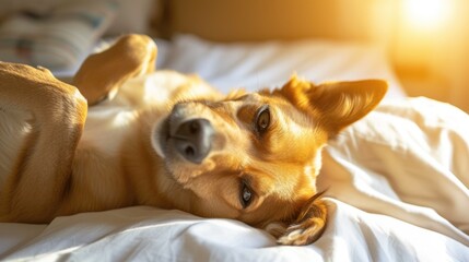 Relaxed dog lounging in bed. A content dog lying enjoying a lazy day on a plush bed. Concept of pets friendly hotel or home bedroom. Pet in hotel room