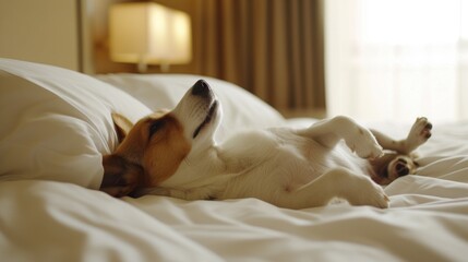 Relaxed dog lounging in bed. A content dog lying enjoying a lazy day on a plush bed. Concept of pets friendly hotel or home bedroom. Pet in hotel room