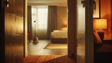 Awaits in warm hotel ambiance. Dog sits patiently in a warmly lit hotel room, evoking a sense of welcoming and homely comfort. Hotel pet friendly, space pet friendly, dog welcome. Travel with a dog