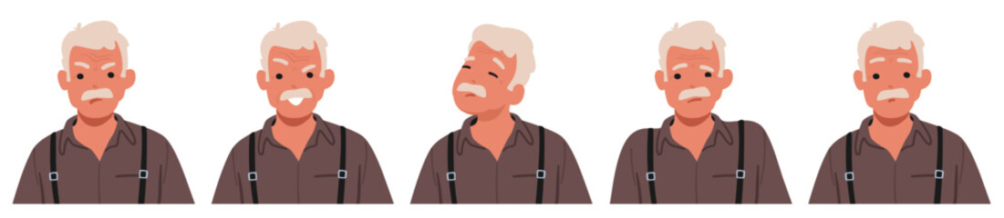 Old Man Face Displays Rich Tapestry Of Emotions. Wrinkled Senior Male Character Feels Joy, Serene Wisdom, Sadness, Anger