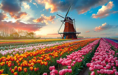Fotobehang Windmill in Holland Michigan - An authentic wooden windmill from the Netherlands rises behind a field of tulips in Holland Michigan at Springtime. High quality photo. High quality photo © assia