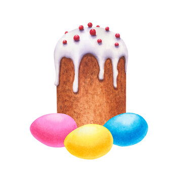 Easter cake with colorful eggs on a white background. Happy Easter card. Hand drawn watercolor illustration. For design, cards, invitations, congratulations, packaging, printing, advertising.