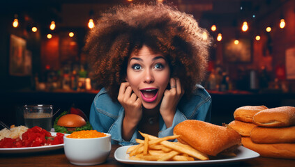 Young black woman with parodic expression sitting at table in a restaurant, ready to eat a lot of food looking at camera. Streamer, or influencer recording Mukbang content at night. Generative AI.