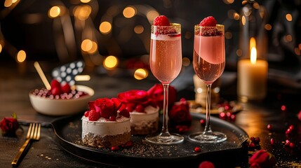 Romantic dinner with glass of wine and sweet cake dish. Background concept