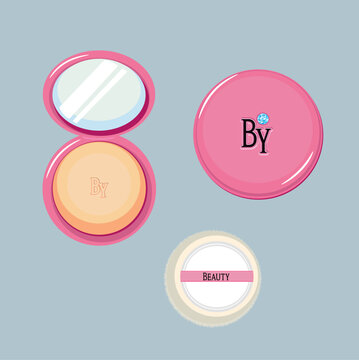 ilustracion vectorial de set de maquillaje moderno con aplicador y espejo, polvo compacto