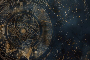 Obraz premium A celestial-themed mandala with intricate geometric patterns and gold metallic highlights 