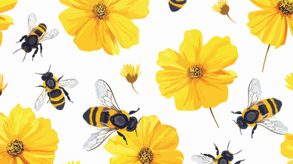 Seamless pattern with bee cartoons and yellow flower - obrazy, fototapety, plakaty