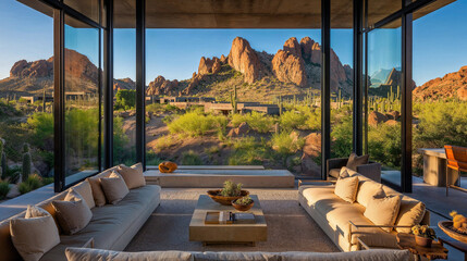 View from a enclosed patio in a house in the Southwest desert