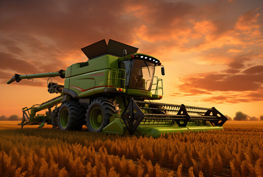 harvester field, combine harvester, summer sunset, soybean field, Process gathering ripe crop, combine working