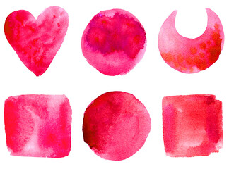 Isolated Set of hand drawn watercolor shapes: circle, square, heart crescent moon in red magenta color