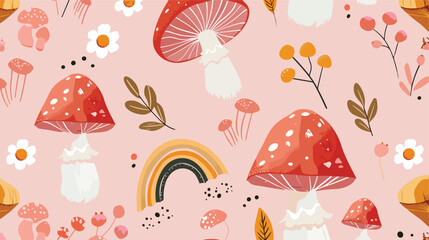 Seamless pattern with mushroom cute flower and rainb - obrazy, fototapety, plakaty