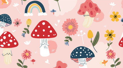 Fototapeta premium Seamless pattern with mushroom cute flower and rainb