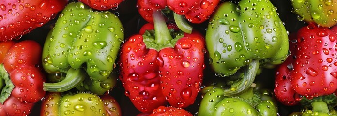 Colorful fresh peppers with drops of water on them. Close up 