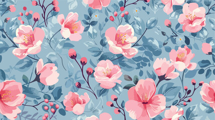 Seamless pattern with pink flowers leaves twigs on a
