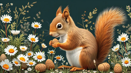 An illustrated squirrel surrounded by white daisies and acorns captures the essence of wildlife in spring. This image is perfect for: wildlife, nature illustrations, springtime.