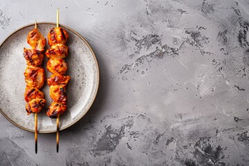 Chicken kebab on slate plate Top view with space