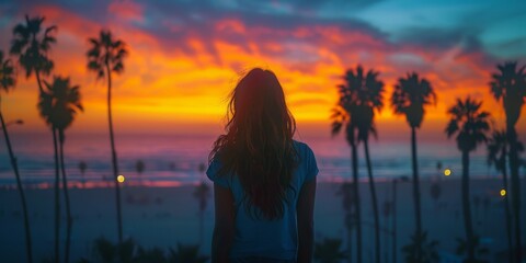A person is standing and looking at the sunset over the ocean surrounded by palm trees. The sky is full of colors ranging from orange to purple - obrazy, fototapety, plakaty