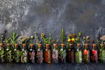 Gordijnen Assorted essential oil bottles on dark background featuring rosemary thyme lavender myrrh and rose buds © The Big L