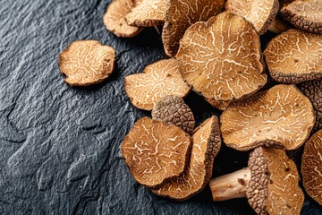 Brown truffles displayed on a black table creating a culinary delight Up close the macro view showcases the mushroom s texture in a top down perspe