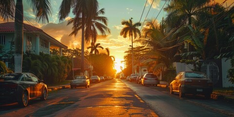 Picturesque street in Dominican Republic at sunset