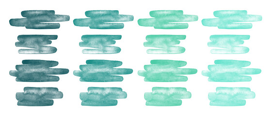 Mint green, turquoise watercolor vector brush strokes, scribbles, squiggles set. Text backgrounds collection. Hand drawn aqua color watercolour smears, smudges, banners. Aquarelle stains template