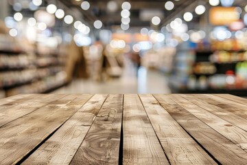 Blurred background in supermarket store with empty wooden table top - obrazy, fototapety, plakaty