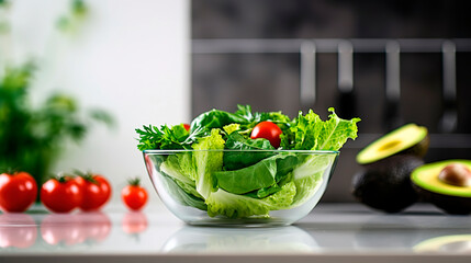 Lettuce salad leaves in a glass bowl on light background kitchen vitamin diet nutricion cooking, avocado, tomato ingredients green tasty vegetarian dinner