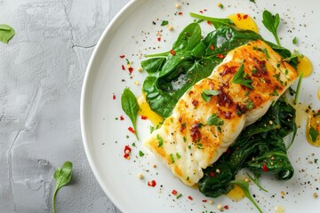 Baked cod fillet with garlic butter sauce spinach white plate copy space
