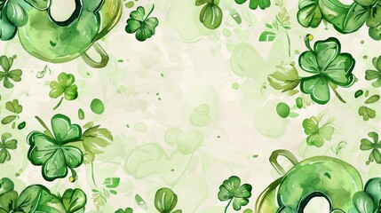 Watercolor design, seamless pattern of shamrocks, light green background, St. Patrick's Day theme. Card with copy space. Banner.