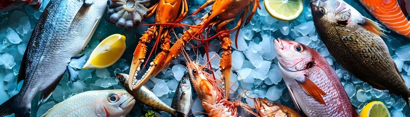 Fresh Seafood Display on Ice at a Market - obrazy, fototapety, plakaty