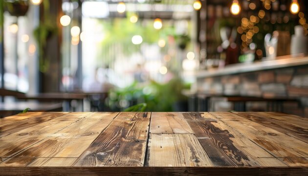 Blurred coffee shop background with empty desk in foreground