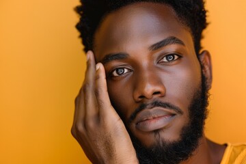 Close up photo of attractive African American man caressing his cheek
