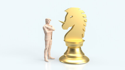 The Gold Unicorn Chess and man Figure for Business concept 3d Rendering.