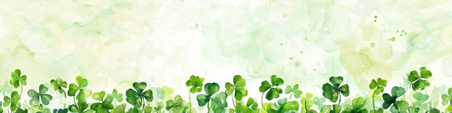 Watercolor technique, St. Patrick's Day background, pattern of small and large clovers. Card with copy space. Banner.