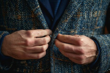 Close up of a businessman buttoning a blue tweed blazer