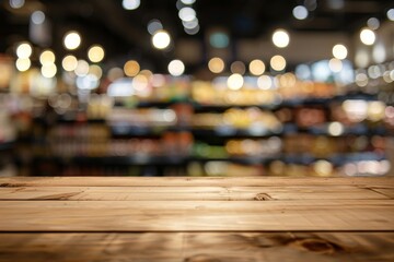 Blurry background with bokeh light effect and supermarket view behind wooden top table - obrazy, fototapety, plakaty