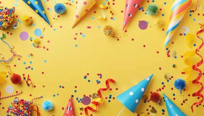 Fototapeta premium Colorful birthday or party background with hats blowers confetti and ribbons on a yellow background Top view with space for text