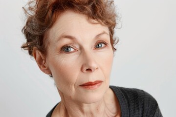 Naklejka premium An older woman in her 50s gazes at the camera promoting anti aging skincare treatment and cosmetic procedures She is isolated against a white backgr