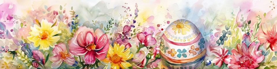 Artistic watercolor, close-up of a decorated Easter egg, surrounded by spring blooms, large area for text. Card, frame. Banner.