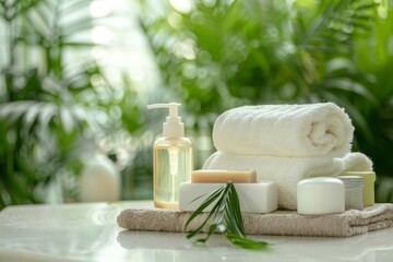 Obraz na płótnie Canvas Bright bathroom background with white counter table holding ceramic soap shampoo bottles and green plant along with white cotton towels