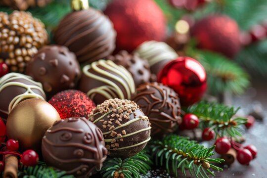 Christmas background with homemade chocolate truffles Focus on candy balls Vertical image