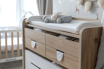 Baby room with cradle and adjacent chest of drawers with changing station - obrazy, fototapety, plakaty